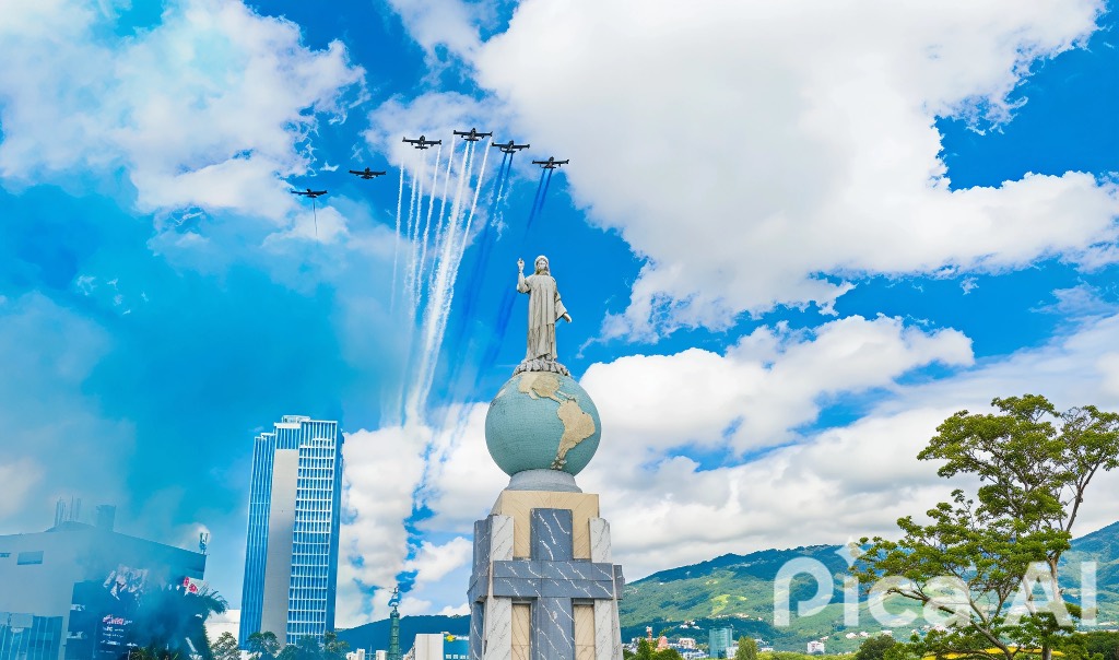 Monumento al Divino Salvador del Mundo durante el desfile aereo del 15 de septiembre